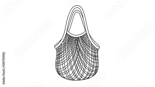 Reusable mesh string shopping bag illustrated in a black line art style for eco-friendly lifestyle and sustainable consumer choices today.