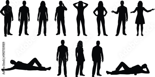 People, silhouettes, collection, men, women, standing, poses, lying, group, human, figures, vector, illustration, isolated, black, white, set, character, posture, diversity