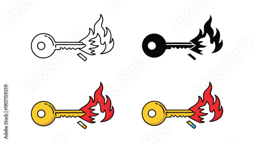 Fiery key illustration set: outline, silhouette, and color, symbolizing access, solutions, or breakthroughs in a dynamic design.