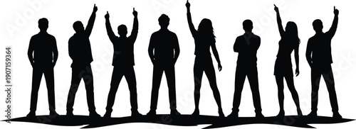 People, silhouettes, group, standing, raised, hands, teamwork, unity, crowd, celebration, protest, community, vector, illustration, black, white, isolated, diversity, support, together