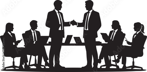 Business people shaking hands at conference table with laptops