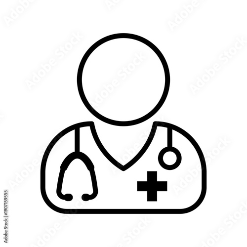 Doctor with stethoscope icon set. Medical personal, man, medic, healthcare, medical concept. Doctor label, logo, badge, sign, symbol, black, line, flat vector, isolated illustration.