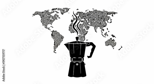 Global coffee culture celebrated with steaming moka pot illustration and world map background