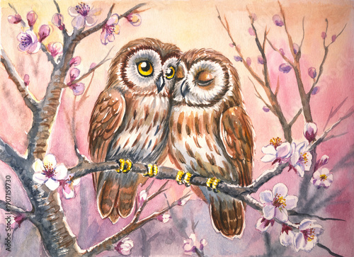 Watercolor illustration of two owls nestled on a cherry blossom tree, perfect for a Valentine's Day greeting card, poster, etc.