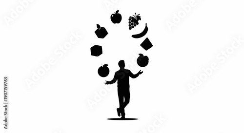 Silhouette of a person skillfully juggling an assortment of fruits and food items against a white background.