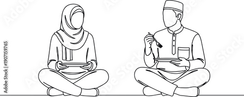 Muslim Man and Woman Sitting Together Eating Iftar Meal During Ramadan Islamic Lifestyle Line Art Vector Illustration