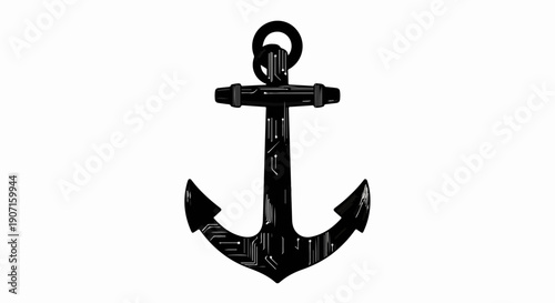 A stark black anchor stands isolated against a clean white background, symbolizing stability and maritime journeys.