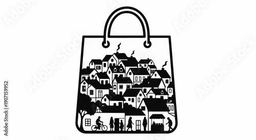 Shopping bag filled with a charming village scene and people enjoying outdoor life.