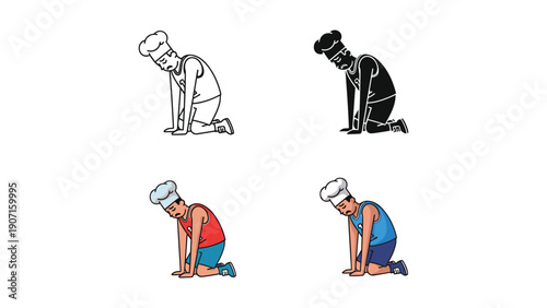 Chef kneeling in exhaustion, vector illustration for culinary struggles or hard work