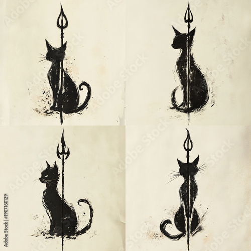 Trident and black cat Tattoo idea sketch
