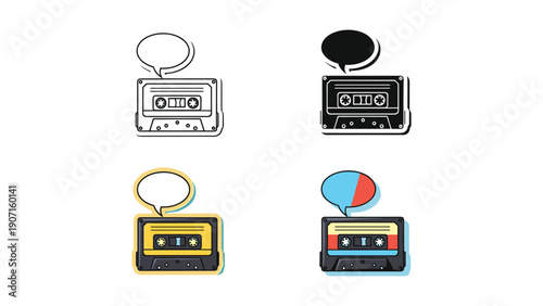 Retro cassette tape with speech bubble in four styles: outline, black, yellow, and blue