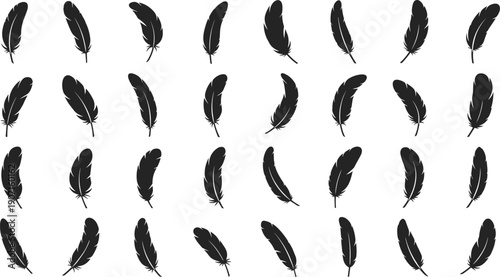 Black feathers arranged in a seamless pattern on white background