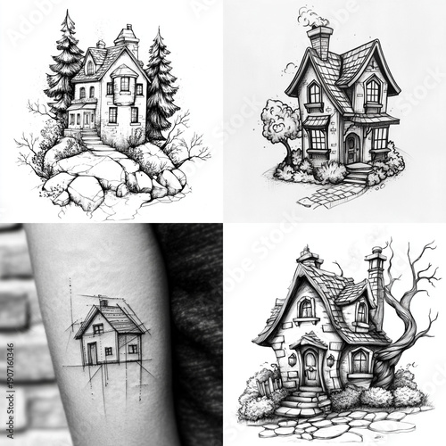 Styled house Tattoo idea sketch