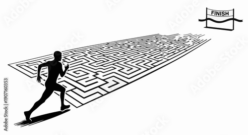 Athlete races through complex maze towards the finish line, symbolizing achievement and overcoming challenges.