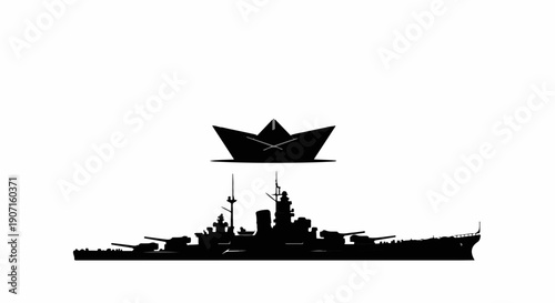 Small paper boat floats above a powerful warship silhouette, a contrast of fragility and might.