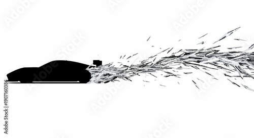 Sleek sports car silhouette dissolving into abstract particles, symbolizing speed and motion.