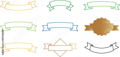 Selection of Decorative Ribbon Banners in Different Colors and Shapes gold green