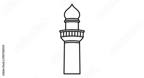 A set of vector illustrations featuring a tall white mosque minaret and a stone lighthouse tower reaching toward a blue sky as landmark structures of religion and travel by the sea
