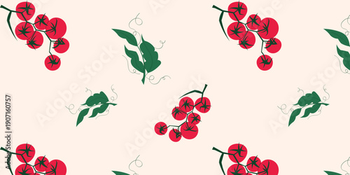 Seamless pattern with ripe tomatoes on vine and green leaves, organic food background for packaging, kitchen decor, textile and wallpaper design
