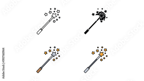 Magic wand with stars, representing enchantment, spells, or fantasy, icon in various styles.