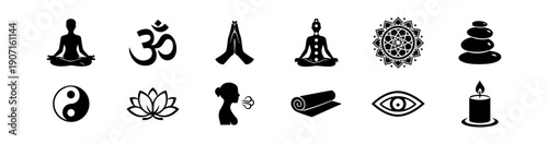 Yoga and Meditation Spiritual Icons Set – 12 Black and White Minimalist Symbols