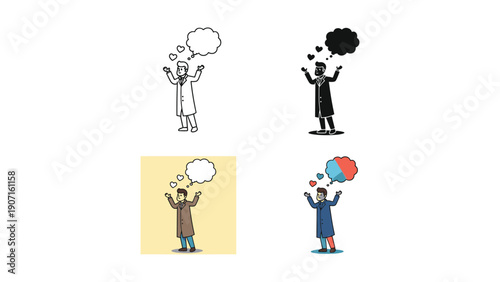 Man in a coat with hearts and speech bubble, conveying love, romance, or affectionate thoughts.