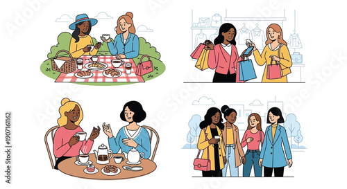 Woman friends flat vector illustration set showing young women enjoying friendship and leisure activities together.