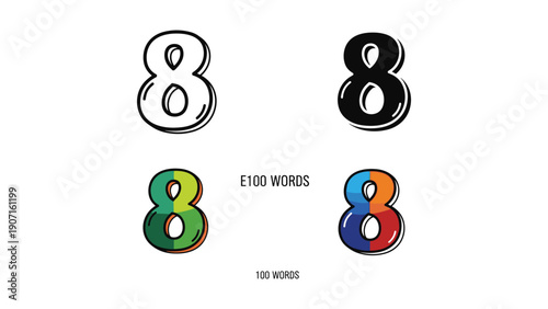 Stylized number 8 illustration in four variations: outline, solid, gradient, and dual-tone