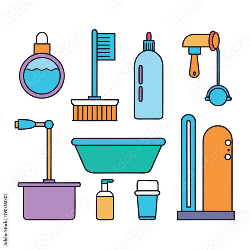 A playful cartoon bathroom set with colorful bathtub, sink, toilet, shower, and accessories, full of fun, charm, and cheerful details for kids’ illustrations.
