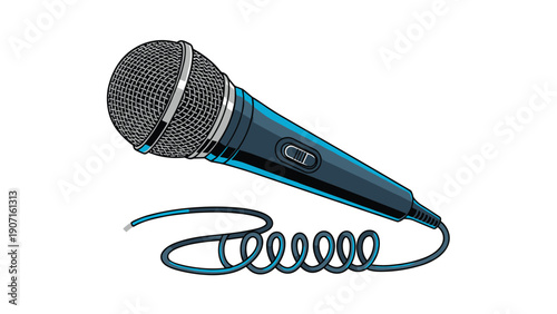 Professional wired microphone in blue and black colors for singing broadcasting and public speaking performances on white background.