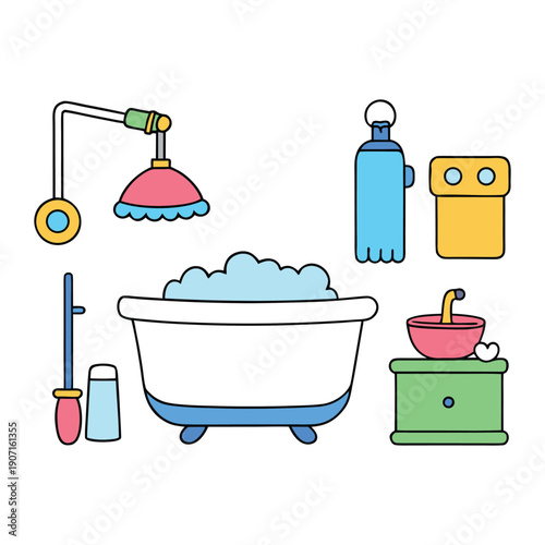 A playful cartoon bathroom set with colorful bathtub, sink, toilet, shower, and accessories, full of fun, charm, and cheerful details for kids’ illustrations.
