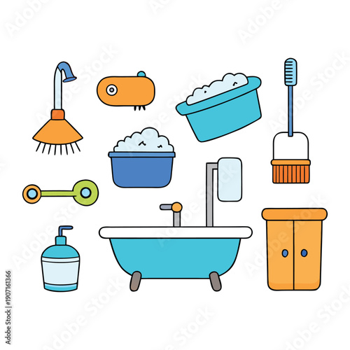 A playful cartoon bathroom set with colorful bathtub, sink, toilet, shower, and accessories, full of fun, charm, and cheerful details for kids’ illustrations.
