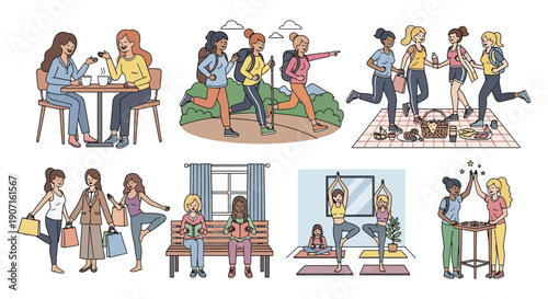 Woman friends flat vector illustration set showing young women enjoying friendship and leisure activities together.
