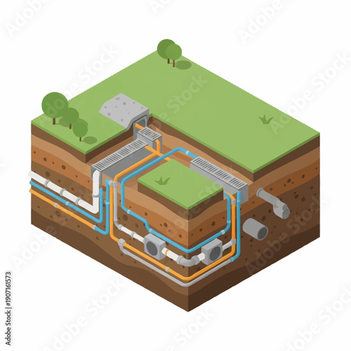 Isometric Cross-Section of Underground Infrastructure with Pipes and Utilities.