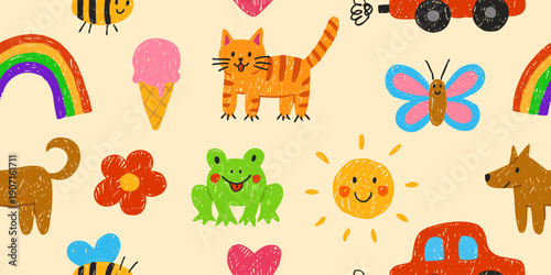 Crayon sketch kids hand drawings seamless pattern vector design, cartoon painting artwork pencil texture, cat, rainbow
