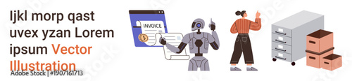 Automation, robotics, digital invoicing, office organization, AI assistance, workplace technology. Robot assisting with tasks near digital invoice screen and office storage. Automation and robotics