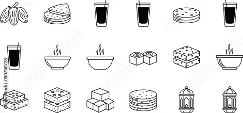 Ramadan Iftar Food and Drink Outline Icon Set Vector with Dates, Tea, Sweets and Islamic Lanterns