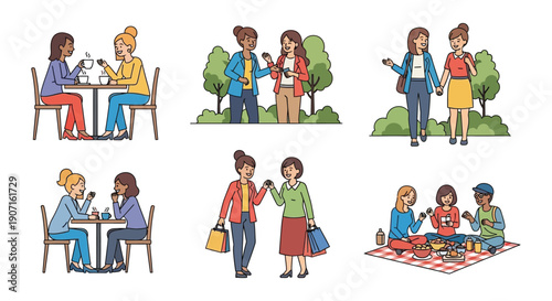 Woman friends flat vector illustration set showing young women enjoying friendship and leisure activities together.