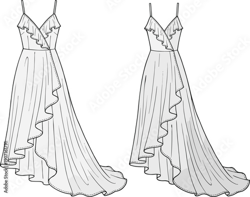 WFashion technical sketch of a ruffled wrap maxi dress featuring spaghetti straps V neckline asymmetric high low hem and draped details