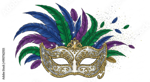 Mardi gras gold glitter mask with colorful feathers and sparkles on white background