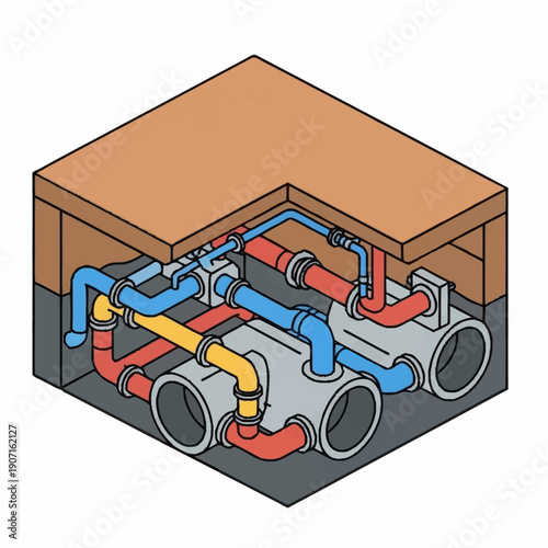 Obraz na plátně Isometric view of complex underground pipe network with various colored conduits