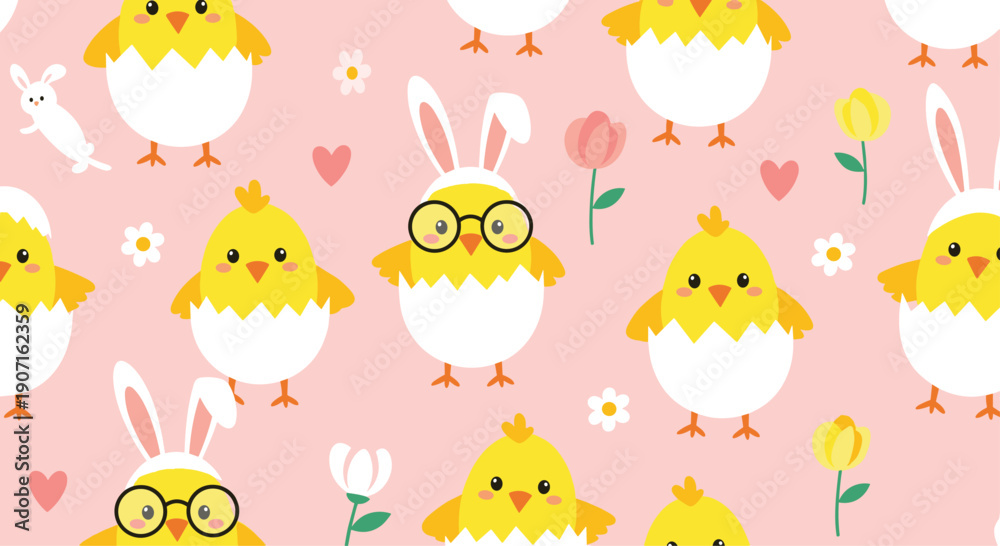 Naklejka premium Adorable spring season pattern showcases yellow chicks in eggshells and bunny ear headbands among tulips and hearts on pink background.