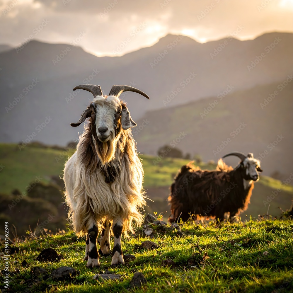 Obraz premium Two goats stand on a hilltop, mountains in the background, sunset glow