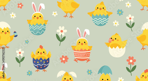 Festive Easter pattern displays cute yellow chicks decorated with bunny ears and colorful eggshells among spring flowers on green background.