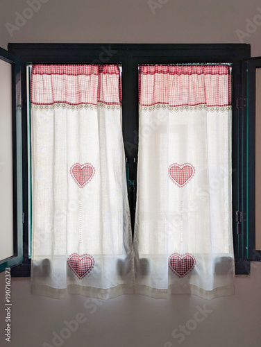 Wallpaper Mural Cozy window textile with stitched hearts, drape pattern feels handmade, drape softness creates calm farmhouse mood, drape detail supports romantic rental, hospitality, decor edits content Torontodigital.ca