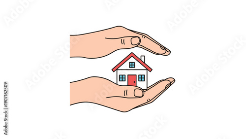 Pair of hands cupping and protecting small white house with red roof for real estate insurance and family home security concepts.