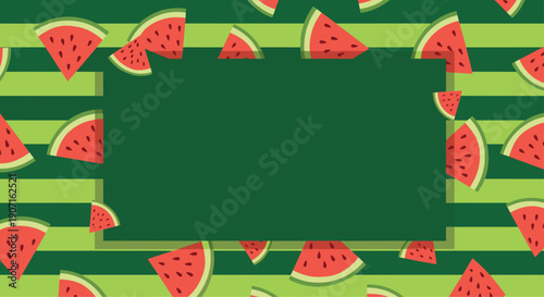 Summer background with juicy red watermelon slices surrounding a large blank green frame on a green striped rind pattern background.