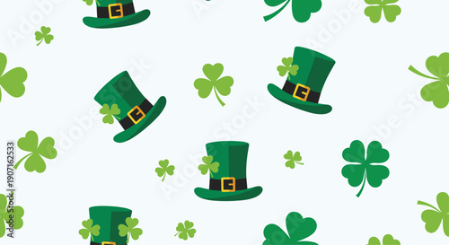 Festive saint patricks day pattern with green leprechaun hats and lucky shamrocks scattered over a light blue background for holiday cheer.