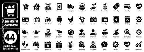 A collection of agricultural e-commerce solid color icons, editable stock, for sustainable farming, global trade, and modern market trends, vector illustration.