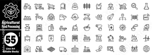 Agricultural food processing icons set. Tractor harvester grain mill and conveyor belt for farm industry modern line art symbols vector illustration.